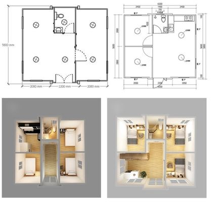 Container pliable élargi 20 pieds / 40 pieds 2 chambres à coucher Villa préfabriquée avec couleur personnalisée
